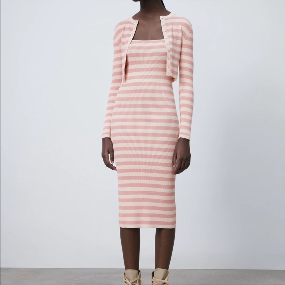 Zara Pink and White Sheath Midi Dress with Square Neck
